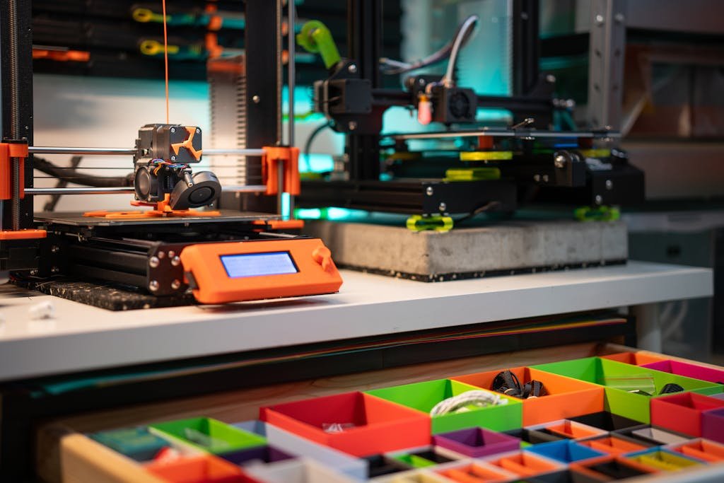 Close-up of a Colorful Boxes and a 3D Printing Station